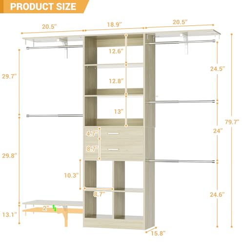 5FT Small Closet System, Baby Closet Organizer System with Wooden Drawers, 60 Inches Walk in Closet System with 5 Hanging Rods and 3 Reversible Hanging Shelving, Greige Oak - color: Greige Oak, size: 5 FT