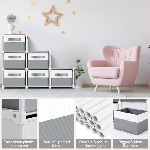 Thyle Large Cube Storage Organizer Shelf with 6 Bins 14 Inch Fabric Collapsible Cubby Storage Drawers Shelving Unit for Christmas Ornaments Clothes Toys Craft(Gray-white,Minimalist) - color: Gray-White, style: Minimalist