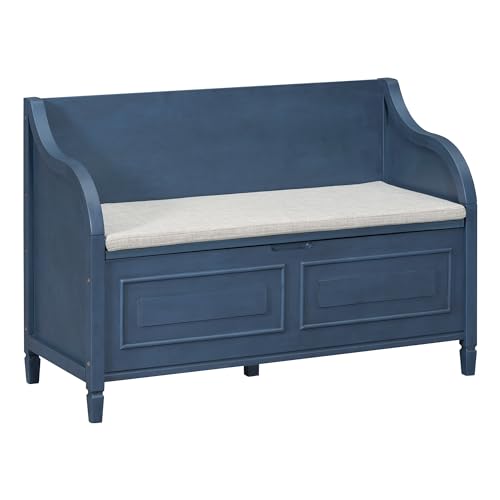 Knocbel Rustic Entry Storage Bench with Hidden Compartments and Removable Cushion, Wooden Entryway Hallway Foyer Shoe Bench Bedroom End of Bed Bench, 250lbs Weight Capacity (Antique Navy) - color: Antique Navy