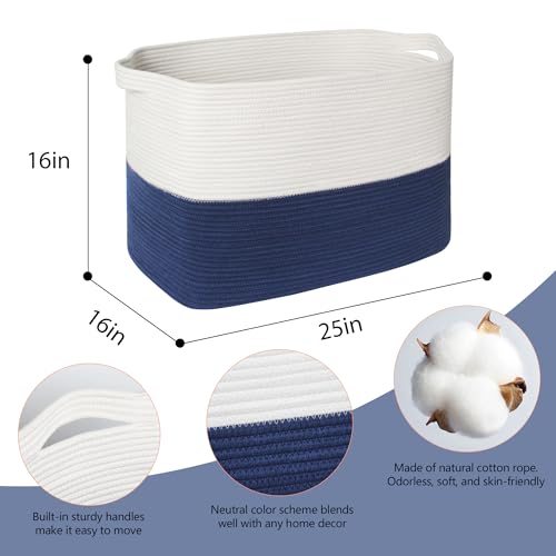 MEGASKET 108L Super Large Blanket Basket, 25" x 16" x 16" Jumbo Rectangle Basket for Blankets Living Room, Woven Cotton Rope Pillow Holder Organizer, Oversized Kids Dog Toy Storage Bin Box, Dark Blue - color: White & Dark Blue, size: 25"x16"x16"