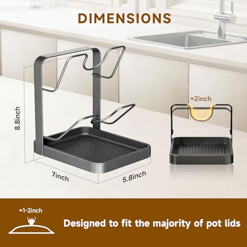 Kitchen Pot Lid Storage Rack, 2-Tier Lids Holder with Detachable Drip Tray While Cooking, Multifunctional Countertop Organizer for Cutting Boards, Ladles and Pan Covers