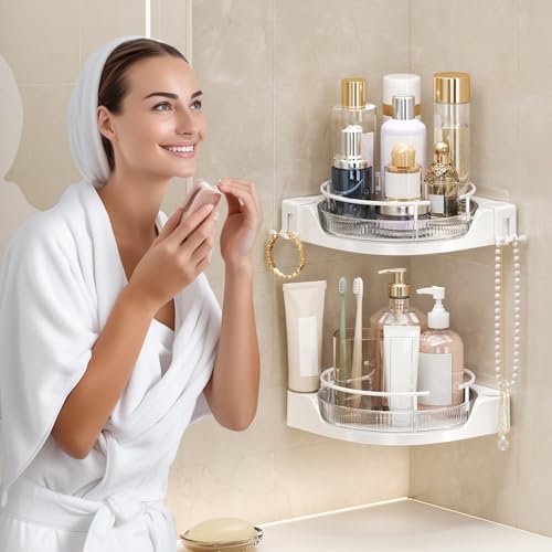 360°Rotating Corner Shower Caddy(2-Pack), No-Drill Adhesive Shower Shelf Organizer with Hooks, Lazy Susan Bathroom Storage for Bathtub, Shower Corner & Kitchen Sink, Space Saving Bathroom Organizer - color: Cream White