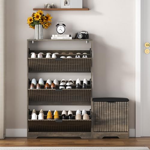 HUANLEGO Shoe Cabinet Storage for Entryway with 4 Flip Drawers, Grey Fluted Shoe Cabinet with Bench, Wooden Hidden Shoe Rack Freestanding Narrow Slim Shoes Storage Organizer for Hallway, Entrance - color: Grey, size: 4 Drawer with Bench