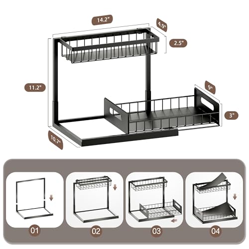 VUSIGN Under Kitchen Sink Organizer, 2 Tier Metal Slide out Sink Shelf Pull out Cabinet Organizer Drawers for Bathroom Kitchen Laundry, 2 Pack, Black - color: Black-2PCS