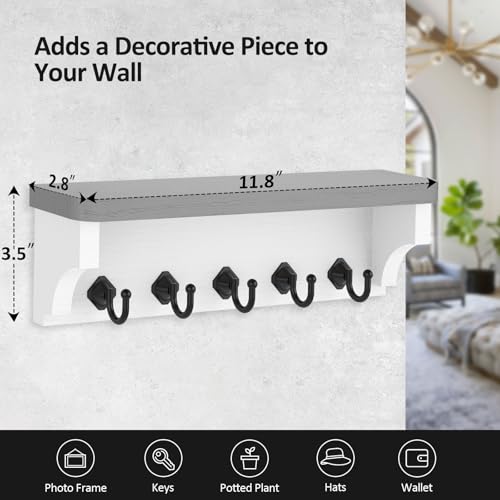 Nekon Key Holder for Wall, 11.8" W x 3.5" H x 2.8" D Decorative Key Organizer with Floating Shelf, Wall Mount Key Rack with 5 Hooks (Gray) - color: Gray