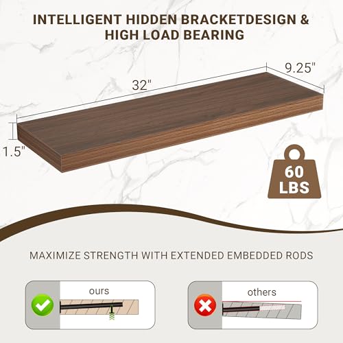 Acovy 32 Inch Floating Shelves, 3D Textured Wood Grain, 32"x9.25"x1.5" Inch Deep Floating Shelves for Wall, Wooden Shelves for Bathroom, Bedroom, Living Room, Walnut, 2 Pieces - color: Walnut, size: 32"x9.25"-2pcs