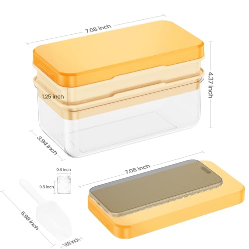 PHINOX Ice Cube Tray with Lid and Bin, Ice Trays for Freezer, Flexible Ice Cube Trays, Making 56 pcs Ice Cubes, Chilling Cocktail, Whiskey, Coffee, with 2 trays, Ice Container, Scoop&Cover, BPA Free - color: Yellow, size: 0.8"-2tier