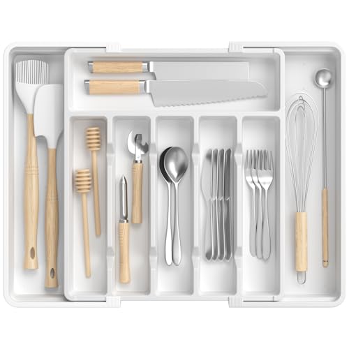 RoomHacks Large Silverware Organizer,Expandable Utensil Drawer Organizer,BPA Free Utensil Holder,Adjustable Silverware Tray Cutlery Drawer Organizer for Kitchen Flatware,Large,White (6-8 Slots) - color: White