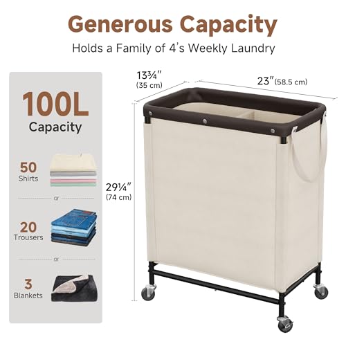 StorageWorks 2 Section Laundry Hamper, Rolling Laundry Cart with Wheels and Handles, Laundry Room Double Sorter for Organizer and Storage, 26.4 Gal(100L), Beige - color: Beige, size: 100L(2-Section)