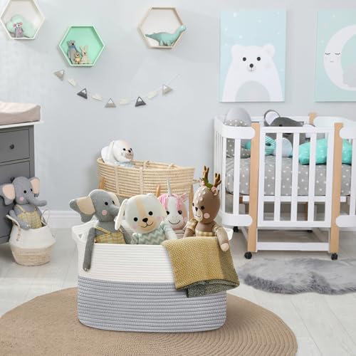MEGASKET XXXXL Blanket Basket, 25" x 16" x 16"(108L) Rectangle Basket for Blankets Living Room, Extra Large Wicker Woven Blanket Pillow Storage Bin, Soft Kids Dog Toy Box Storage Bin Organizer - color: White & Gray, size: 25"x16"x16"