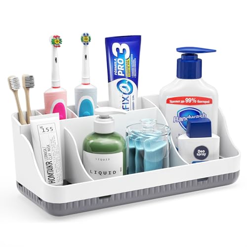 Bathroom Counter Organizer and Storage, 7 Slots Detachable Toothbrush Holders for Bathrooms, Anti-Slip Electric Toothbrush and Toothpaste Holder Countertop Vanity Organizer Accessories for Adults Kids - color: White Grey
