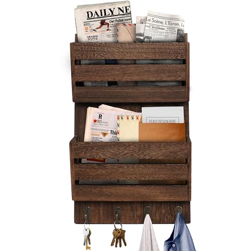 Mail Organizer Wall Mount with 4 Key Hooks, Rustic Wooden Hanging Mail Sorter Farmhouse Key Holder for Wall Decoration, 2-Slot Wall File and Magazines Bill Letter Holder (Brown) - color: Brown