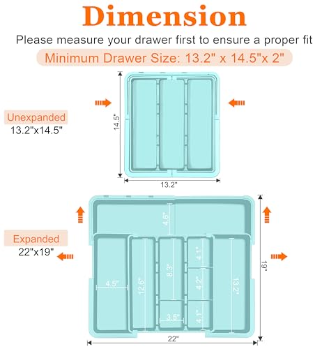 Large Utensil Drawer Organizer Expandable Silverware Organizer for Kitchen Drawer Adjustable Cooking Utensil Holder Cutlery Flatware Tray Spatula Tools Gadgets Storage Dividers Plastic Turquoise - color: Turquoise