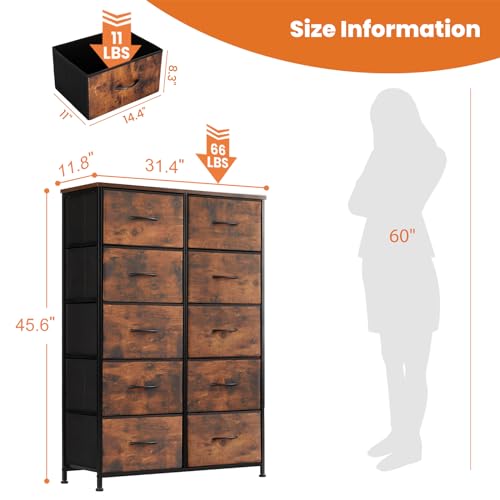 Sweetcrispy Dresser for Bedroom, Fabric Dresser with 10 Drawers, Chest of Drawers for Closet, Living Room, Sturdy Steel Frame, Wooden Top, Easy Pull Handle, Brown - color: Brown, size: 31.5"D x 11.8"W x 45.7"H (10 Drawers)
