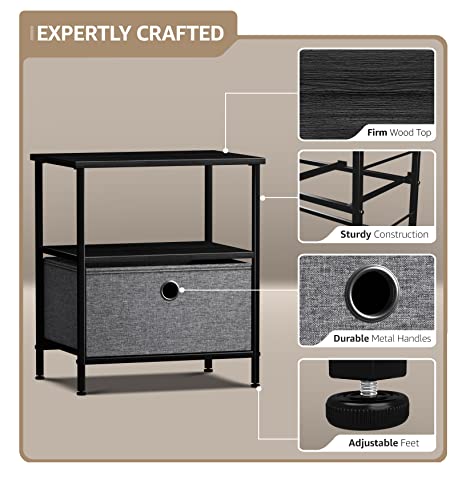 Sorbus Nightstand 1-Drawer Shelf Storage - Bedside Furniture & End Table Chest Dresser with Steel Frame, Wood Top & Easy Pull Fabric Bins for Home, Bedroom, Closets, Bathroom, Office & College Dorm - color: Black/Charcoal, style: 1 Drawer