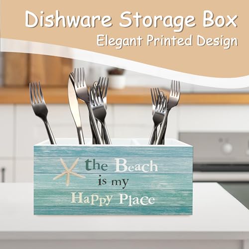 Beach Pen Holder for Home Office Kitchen Desk Decor, the Beach Is My Happy Place Wooden Pencil Holder Sign Organizer for Home Office Desk Accessories, Coastal Gifts for Women Men - color: turquoise