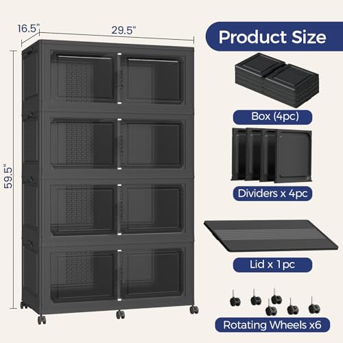 160GAL Storage Bins with Lid and Wheels, Stackable Closet Organizers and Storage Drawer, Collapsible Storage Box with Dividers, Foldable Plastic Cabinets for Room, Kitchen, 4 Pack Black - color: Black, size: 40Gal-4Pack