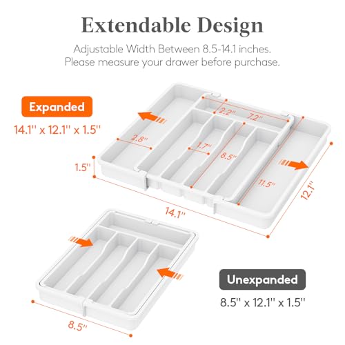 Lifewit Silverware Drawer Organizer, Expandable Utensil Tray for Kitchen, BPA Free Flatware and Cutlery Holder, Adjustable Plastic Storage for Spoons Forks Knives, 8.5-14 x 12", White - color: White, size: Medium (8.5-14''W x 12''D)