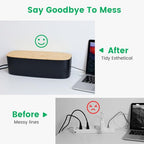 Large Cable Management Box - Cord Organize Box with Bamboo lid for Safe Home & Office, Cord Hider for Power Strip Under Desk, Cover TV Wires, Child & Pet Proof Cord Box, Black