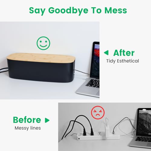 Large Cable Management Box - Cord Organize Box with Bamboo lid for Safe Home & Office, Cord Hider for Power Strip Under Desk, Cover TV Wires, Child & Pet Proof Cord Box, Black