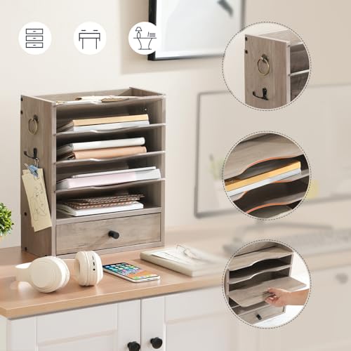 HOOBRO Wall File Organizer, Mail Organizer Wall Mounted, Wooden Mail Sorter, Construction Paper Holder with Drawer Storage and 2 Hooks, for Office, Classroom, Home, Greige BG14WF01 - color: Greige