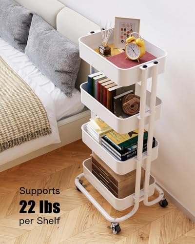 Pipishell 4 Tier Metal Rolling Utility Cart, Heavy-Duty Storage Rolling Cart with 2 Lockable Wheels, Multifunctional Mesh Organization Utility Cart for Kitchen Dining Room Living Room, PIUC13W - color: White, size: 4 Tier