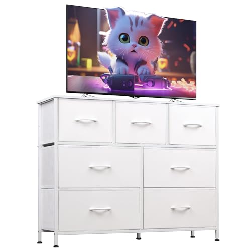WLIVE 7 Drawer Dresser TV Stand, Dressers for Bedroom, Fabric Storage Tower, Hallway, Entryway, Closets, Sturdy Steel Frame, Wood Top, Easy Pull Handle, White - color: White