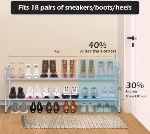 MISSLO 2 Tier Long Shoe Rack for Closet Shoe Organizer Holds 18-Pairs, Wide Low Stackable Shoe Storage Shelf for Bedroom Floor, Men Boots, Women Heels, Kids Sneakers (Grey) - color: Grey, size: 2 Tier