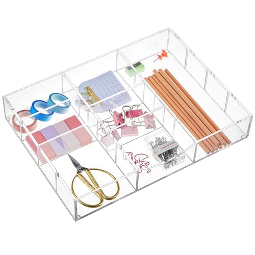 Briwooody Acrylic Drawer Organizer Clear Desk Drawer Organizer Trays with Adjustable Compartments Desk Accessories for Office Stationery Makeup Silverware Bathroom (Non Expandable) - style: Non Expandable