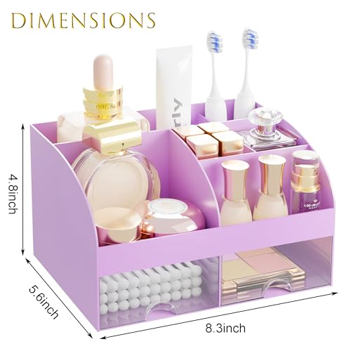 Makeup Organizer with 2 Drawers, Cosmetic Storage for Dresser Vanity and Bathroom Countertop,Make up organization and Skincare Storage with Beauty Brush Holder, Cosmetic Display Case (Purple) - color: Purple