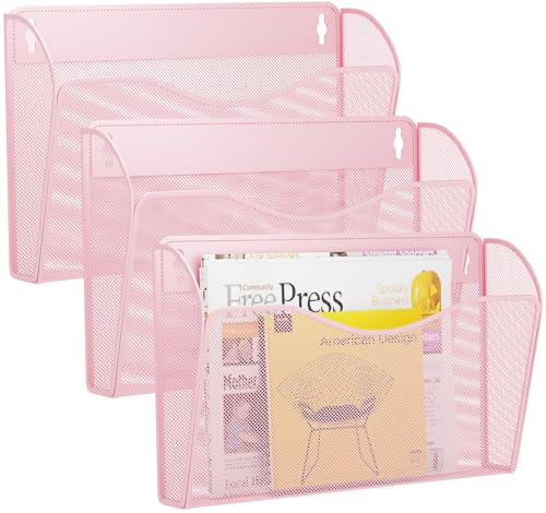 3 Single Pocket Wall File Holder, Mesh Hanging File Folder Paper Organizer, Vertical Wall Mounted Mail Basket, Storage Organization Magazine Rack for Office, Home and School, Pink - color: Pink, size: 3 Pack Wall Mounted