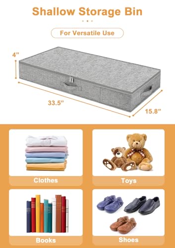 punemi 4 Inch Height Low Profile Under Bed Storage, Underbed Storage Containers With Sturdy Sidewalls & Bottom, Shallow Clothes Storage Bins, Slim Under Couch Sofa Dresser Storage, 2 Pack, Grey - color: Grey-rigid-2pack, size: 4 inch