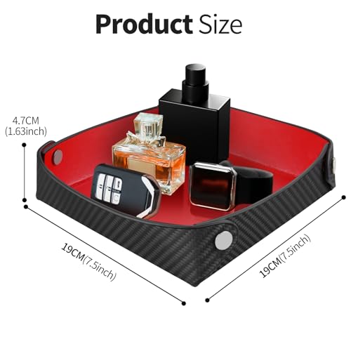 Leather Catchall Tray for Men, Valet Tray Organizer for Wallet, Keys, Accessories,Leather Carbon Fiber Desktop Storage Tray,Red - color: Red