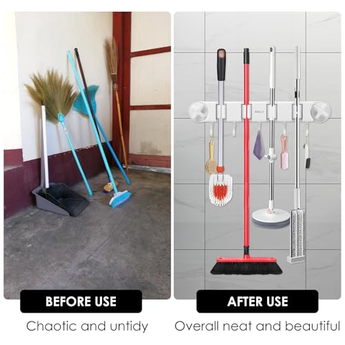 Broom Holder Wall Mount Sturdy Mop and Broom Organizer with 4 Racks and 5 Hooks Vacuum Suction Cup Broom Mop Holder for Home, kitchen, Garden, Tools, Garage - color: white