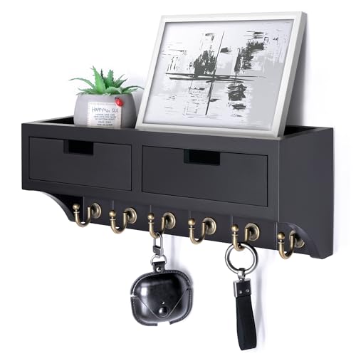Rebee Vision Key Holder Wall Mount with 2 Drawer Organizer : Decorative Mail Organizer with 6 Key Hooks & Small Wall Shelf - Modern Home Decor for Apartment Essentials (Black) - color: Black, style: 2-Drawer