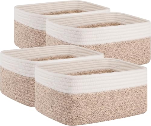 OIAHOMY 4 Pack Storage Baskets for Organizing, Small Bins for Shelves, Cute Decorative Storage Bins, Organizer Baskets for Gifts Empty, 14.2''Lx11''Wx6.3''H, Brown/White - color: Brown/White, size: 14.2"*11"*6.3"
