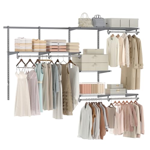 Giantex Closet Organizer System, 4-8 FT Wall-Mounted Closet Shelves and Rod, Adjustable Closet Organization w/ Hanging Rod, DIY Expandable Modular Metal Wire Shelving for Laundry Bedroom (Grey) - color: Gray, size: 96"x14"x47.5"