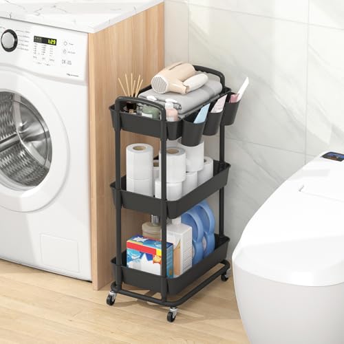 JIUYOTREE 3-Tier Plastic Rolling Storage Cart Utility Cart with Extra Hanging Cups Handles Lockable Wheels for Living Room Bathroom Kitchen Office Black - color: Black, size: 3-Tier