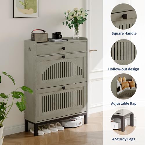 2-Door Flip Front Shoe Cabinet with Adjustable Shelves – Hidden Entryway Storage Organizer for Hallway, Foyer, Living Room – Freestanding Wooden Shoe Rack with Large Capacity & Modern Design, Grey - color: Grey, size: 9.45"D x 31.4"W x 43.4"H