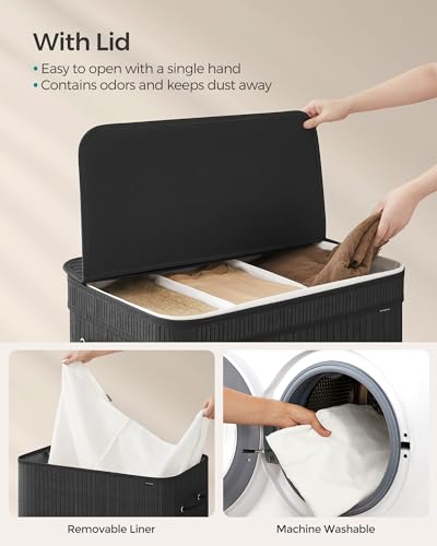 SONGMICS Laundry Hamper with Lid, Bamboo Laundry Basket, Removable Machine Washable Laundry Basket, with Handles, 39.6-Gallons, for Laundry Room, Bedroom, Bathroom, Ink Black ULCB062B01 - color: Ink Black, size: 150 L