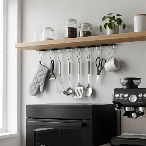Cociat 2PCS Utensil Racks with 8 Hooks 17 Inch Kitchen Utensil Holders Hanging Utensil Rack Multifunctional (17 inch) - color: BLACK, size: 17 inch & 8 hooks