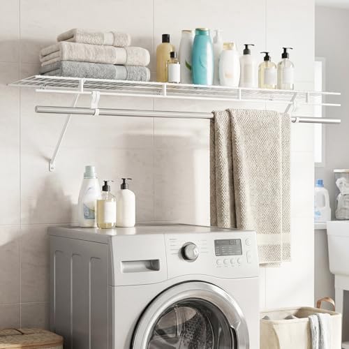 Giantex Closet Shelf with Hanging Rod, 4 ft Wall Mounted Wire Shelving Kit with Storage Shelf & Clothes Rod, Ventilated Metal Wall Shelf Organizer for Laundry Room, Closet, Bedroom, White - size: 4 ft