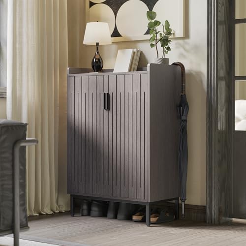Mericonia Shoe Cabinet with Metal Legs, Farmhouse Large 5-Tier Shoe Storage Cabinet with Doors, Wooden Shoe Organizer for Entryway, Hallway (2 Door Shoe Cabinet, Black Oak-Modern) - color: A-black Oak