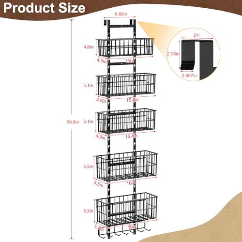 Hongtamoya Adjustable Over the Door Organizer, Metal Hanging Door Organizer with 5 Wire Basket 7 Hooks, Wall Mounted Shelf for Pantry Laundry Organization and Storage, Black - color: Black Wire Basket