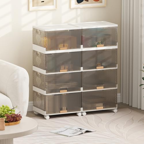 Giantex 4 Tier Stackable Storage Bins with Lids, 18 GalFoldable Shoe Storage Box with Detachable Wheels & Flip-Up Doors, Collapsible Closet Organizers and Storage Bins - size: 18Gal-4Pack