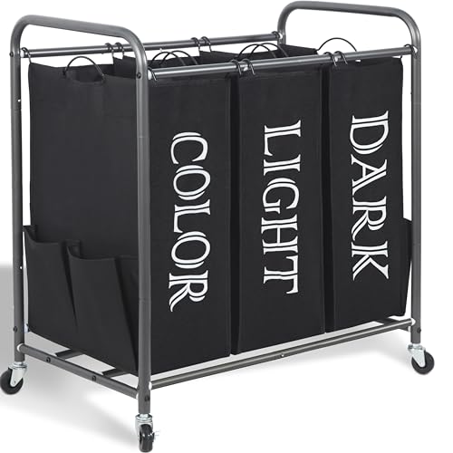 STORAGE MANIAC 3 Section Laundry Sorter, 35.9 Gal (136 L) Laundry Hamper Cart with Heavy Duty Rolling Lockable Wheel and Removable Bag, Clothes Organizer Basket Clothes Separator Hamper, Label Black - color: Lable Black, size: 3 Section