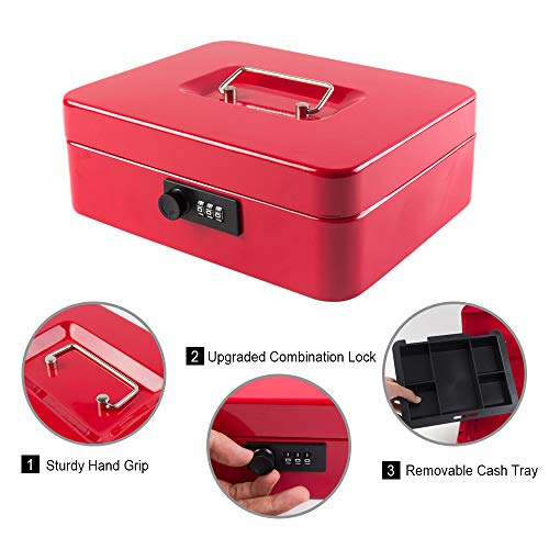 KYODOLED Large Cash Box with Combination Lock Safe Metal Money Box with Money Tray for Security Lock Box 9.84"x 7.87"x 3.54" Red Large - color: Red, size: Large