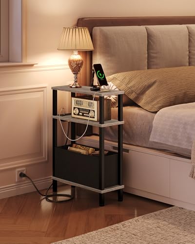 CHOEZON Small Narrow Side Table with Charging Station, Skinny End Table with Fabric Basket, Slim Nightstand for Small Spaces, Sofa Side Table, for Living Room, Bedroom, Greige and Black TBZ07UFH - color: Greige + Black