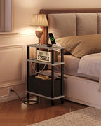 CHOEZON Small Narrow Side Table with Charging Station, Skinny End Table with Fabric Basket, Slim Nightstand for Small Spaces, Sofa Side Table, for Living Room, Bedroom, Greige and Black TBZ07UFH - color: Greige + Black