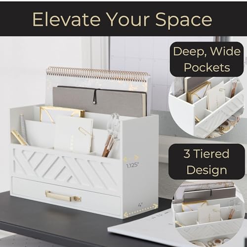BLU MONACO | White Wooden Mail Organizer with Drawer & Gold Handle | Mail Sorter Organizer Countertop | Tabletop Organizer with Drawers & Outgoing Mail Holder - color: White with Gold Handle